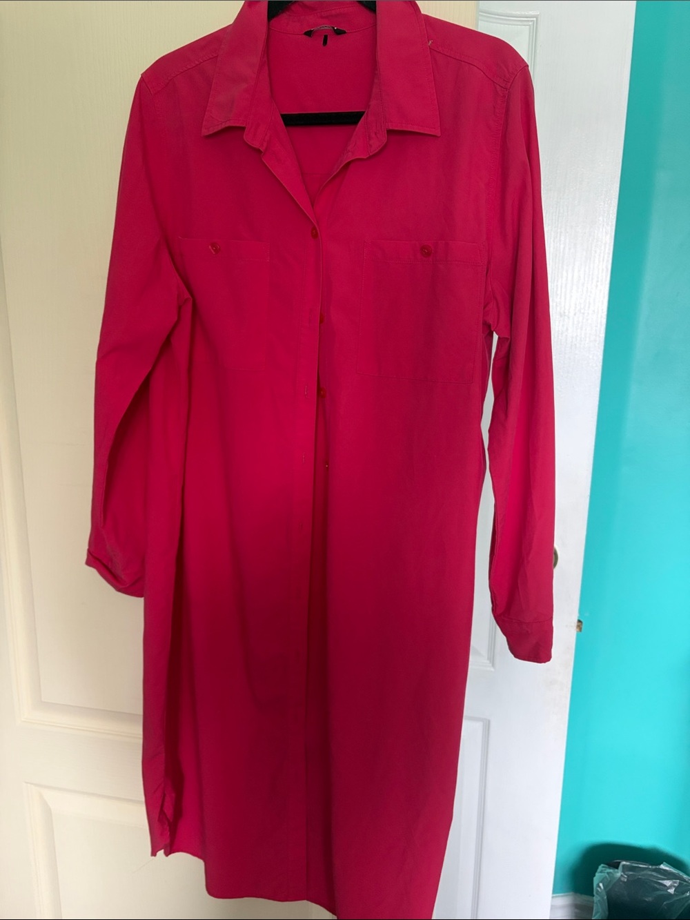 Long Sleeve Shirt Dress in Vibrant Fuchsia